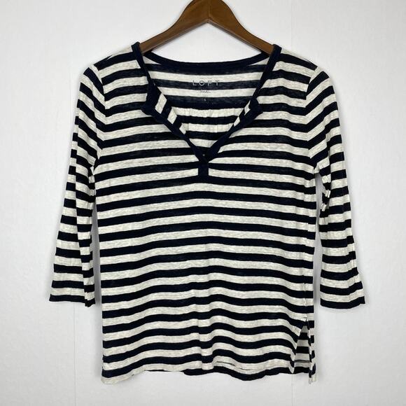 LOFT | Bundle 2 Navy White Stripe Linen Casual Top & Red White Racerback Tank - Picture 2 of 11